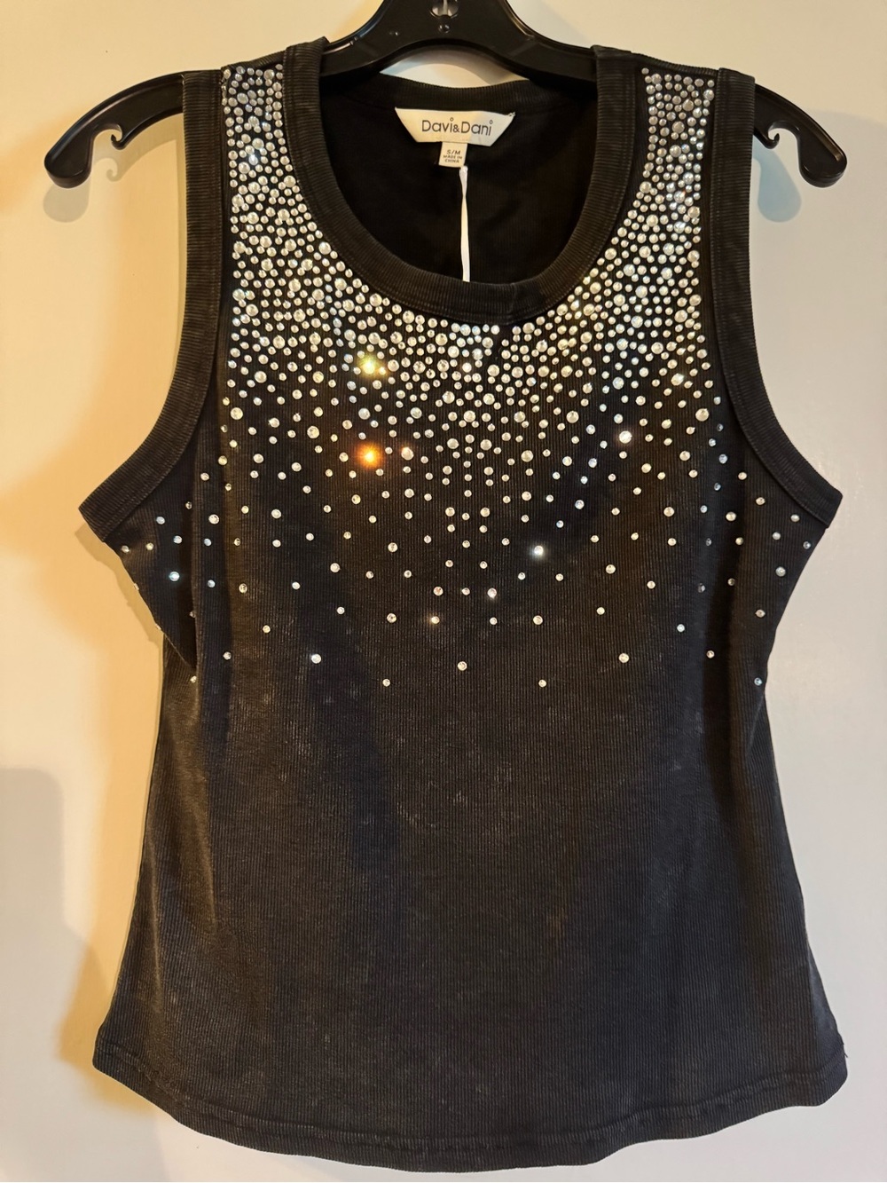 DAVI & DANI Black Tank Top with Crystal Stud Accents